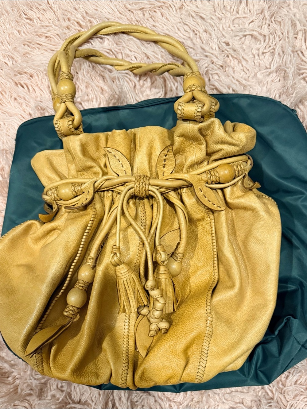 Soft Mustard Drawstring Leather Satchel